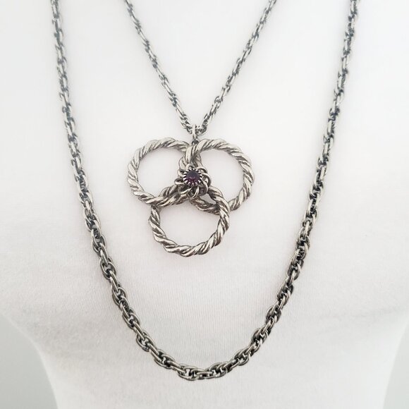 Vtg Long Double Rope Chain Cluster Pendant Necklace Purple Stone Flower Centre - Picture 1 of 5
